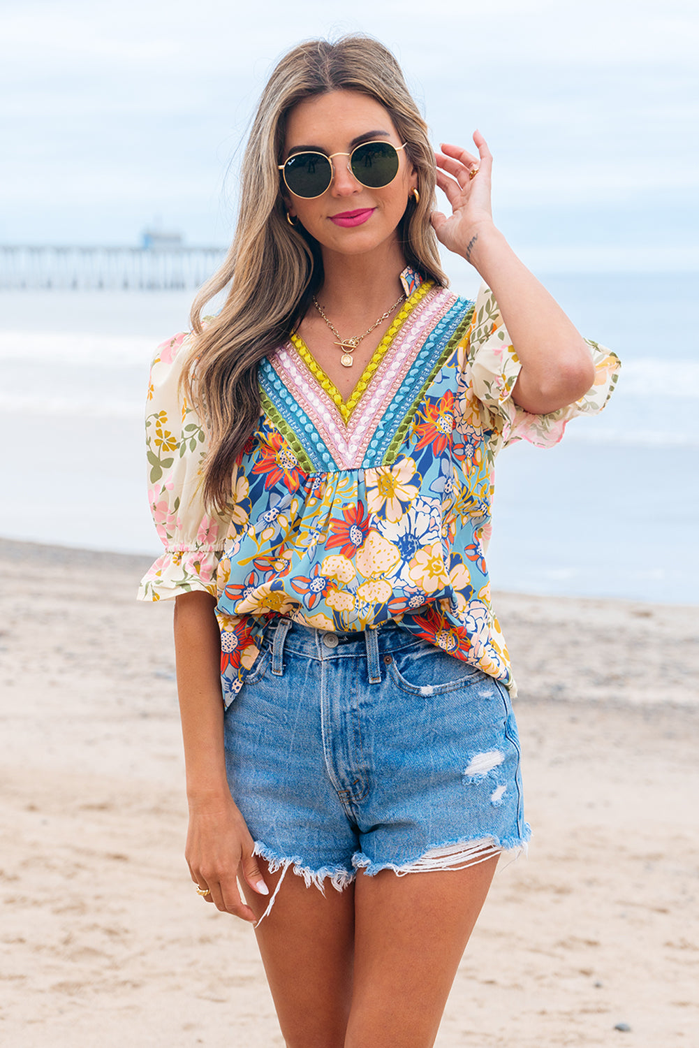 Multicolour Crochet V Neck Half Sleeve Boho Floral Blouse-Tops/Blouses & Shirts-[Adult]-[Female]-2022 Online Blue Zone Planet