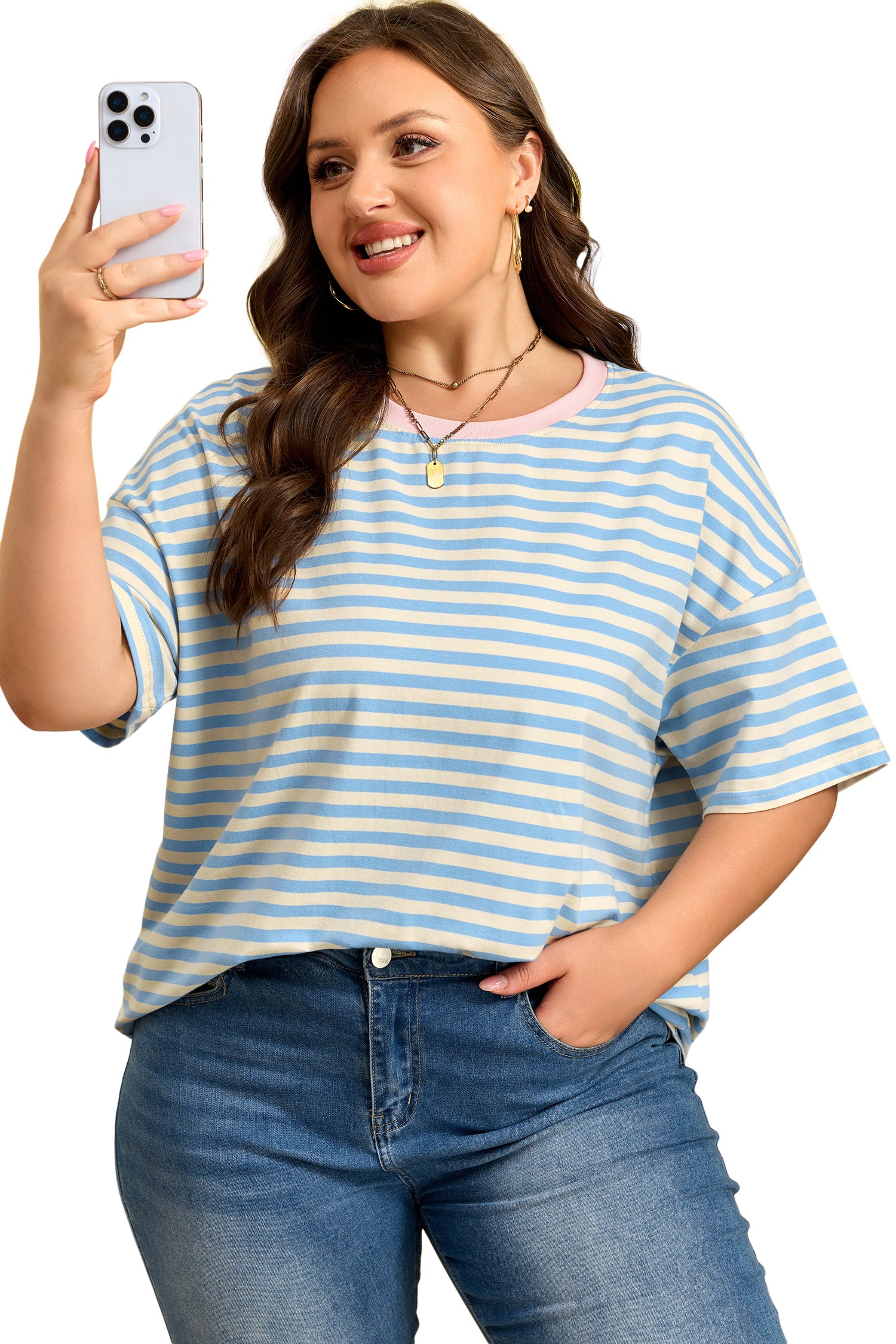 Sky Blue Stripe Plus Size Drop Shoulder Contrast Trim Round Neck Tee-Plus Size/Plus Size Tops/Plus Size Tops & Tees-[Adult]-[Female]-2022 Online Blue Zone Planet