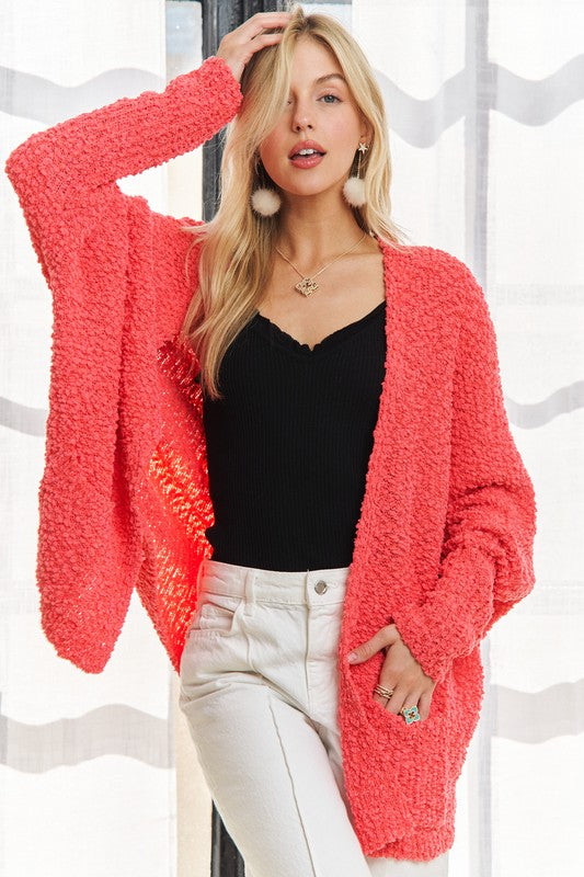 ADORA Popcorn Knit Open Front Long Sleeve Cardigan-TOPS / DRESSES-[Adult]-[Female]-Coral-One Size-2022 Online Blue Zone Planet