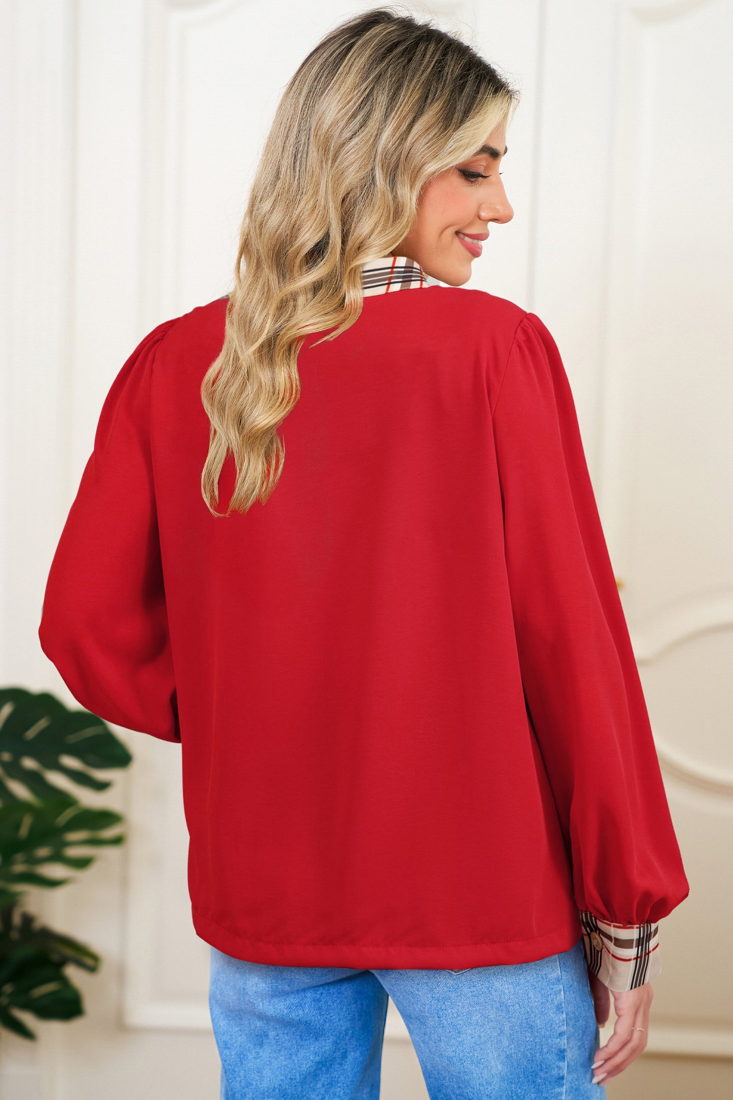 Racing Red Contrast Plaid Patchwork V Neck Long Sleeve Blouse-Tops/Blouses & Shirts-[Adult]-[Female]-2022 Online Blue Zone Planet