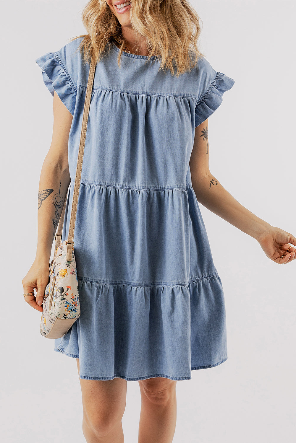 Blue Zone Planet | Beau Blue Ruffle Short Sleeve Tiered A-line Denim Dress-TOPS / DRESSES-[Adult]-[Female]-2022 Online Blue Zone Planet