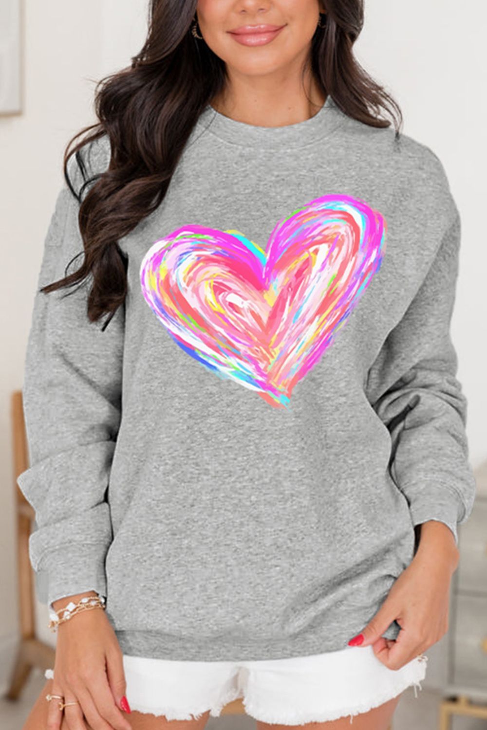 Valentine’s Day Heart Round Neck Drop Shoulder Sweatshirt-TOPS / DRESSES-[Adult]-[Female]-2022 Online Blue Zone Planet