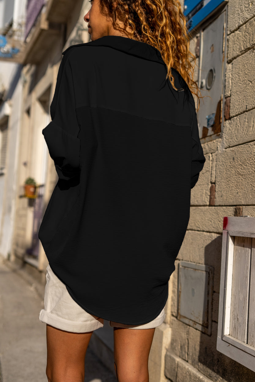 Black Pure Color Patch Pocket Shirt-Tops/Blouses & Shirts-[Adult]-[Female]-2022 Online Blue Zone Planet