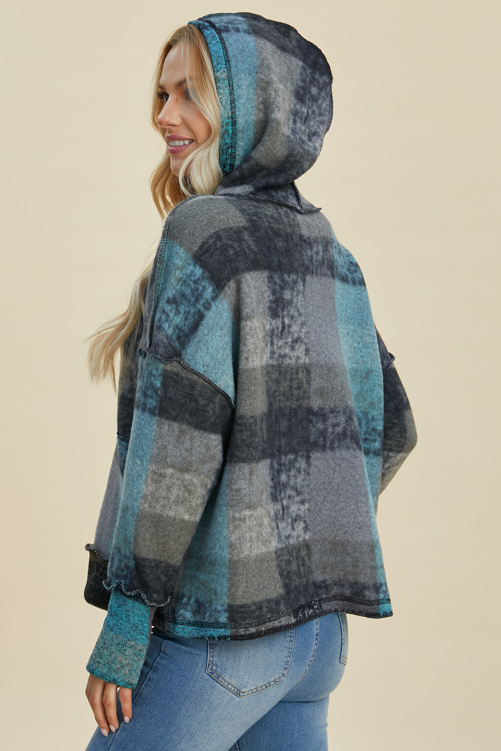 Double Take Full Size Plaid Dropped Shoulder Hoodie-HOODIES-[Adult]-[Female]-2022 Online Blue Zone Planet