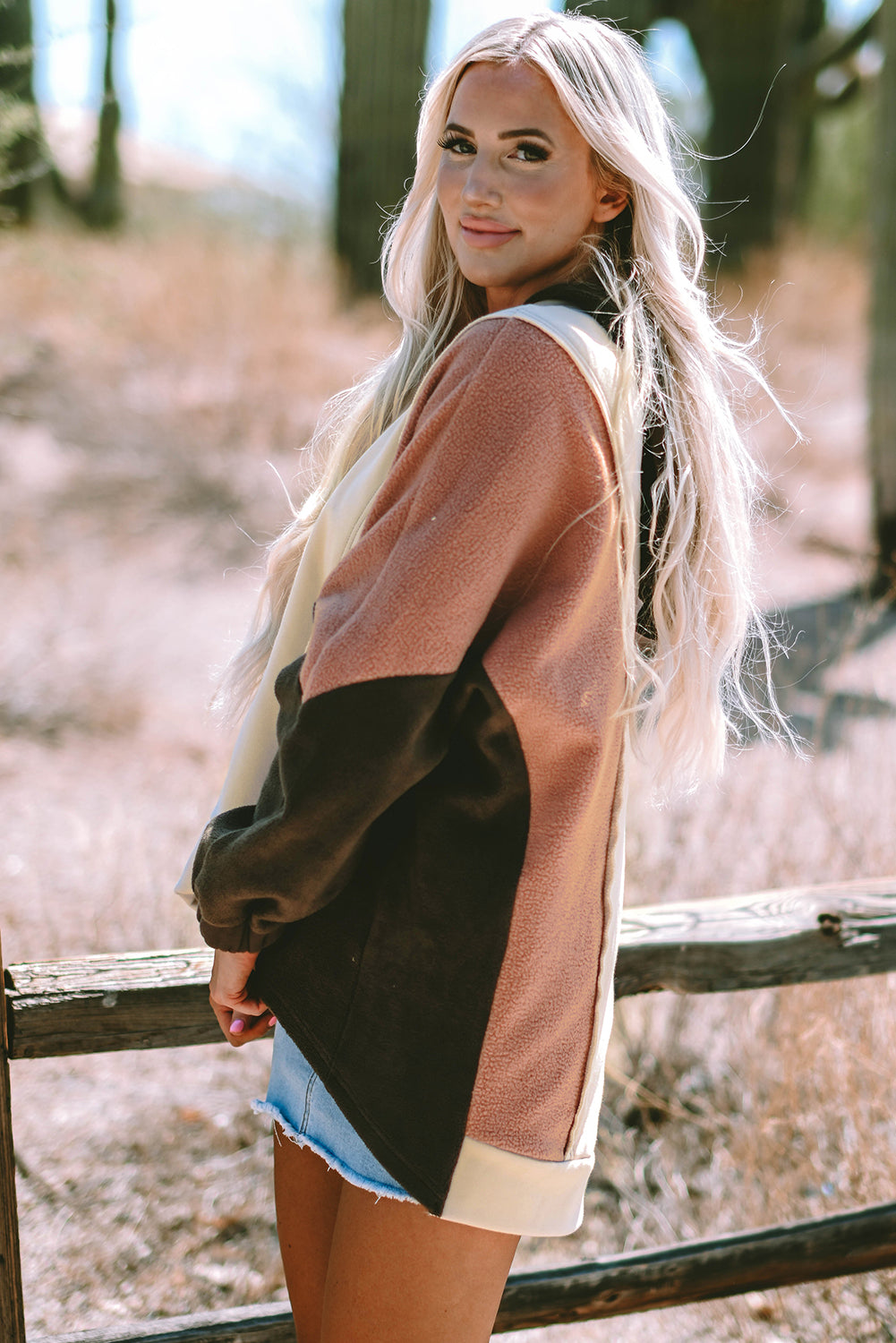 Beige Oversized Color Block Patchwork High Low Hoodie-Tops/Sweatshirts & Hoodies-[Adult]-[Female]-2022 Online Blue Zone Planet
