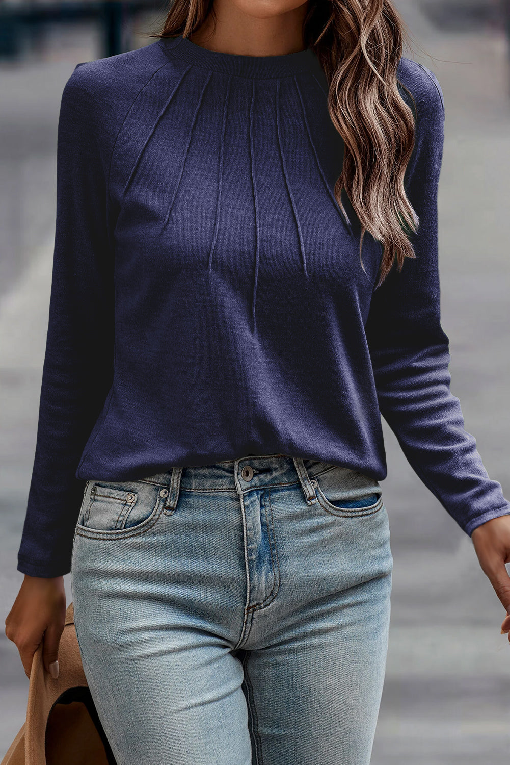 Navy Blue Solid Color Seam Detail Raglan Long Sleeve Top-Tops/Long Sleeve Tops-[Adult]-[Female]-2022 Online Blue Zone Planet