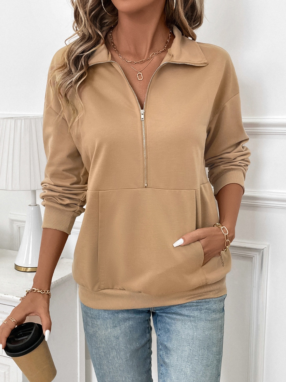 Half Zip Kangaroo Pocket Long Sleeve Sweatshirt-TOPS / DRESSES-[Adult]-[Female]-Camel-S-2022 Online Blue Zone Planet