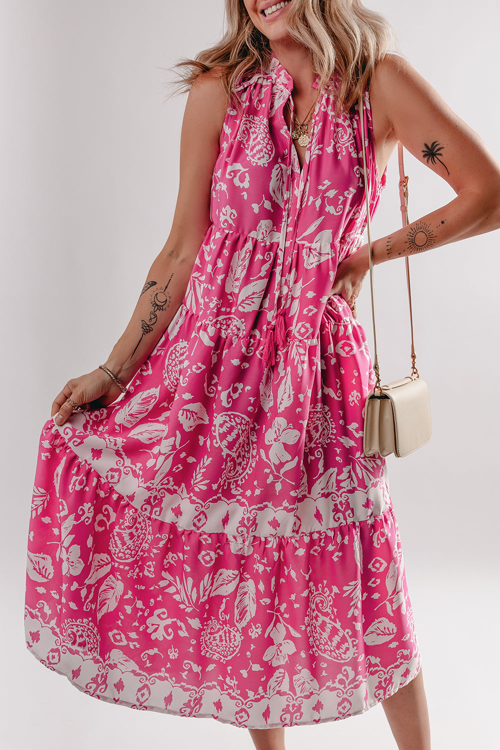 Rose Floral Sleeveless Tasseled Lace-up Neck Tiered Midi Dress-Dresses/Midi Dresses-[Adult]-[Female]-Rose-S-2022 Online Blue Zone Planet