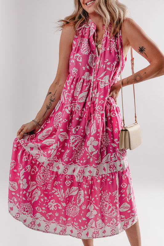 Rose Floral Sleeveless Tasseled Lace-up Neck Tiered Midi Dress-Dresses/Midi Dresses-[Adult]-[Female]-Rose-S-2022 Online Blue Zone Planet