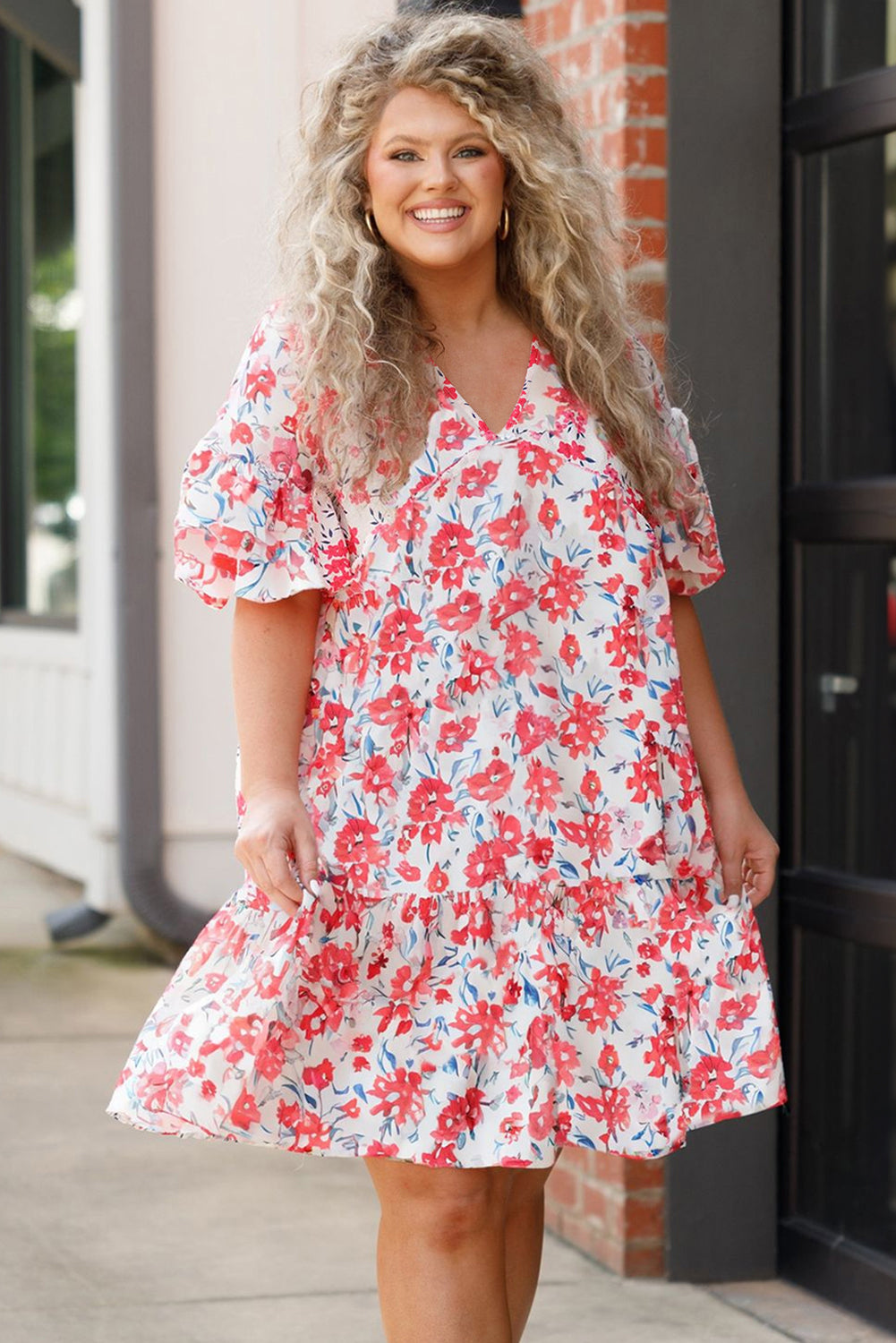 Red Floral Ruffled Half Sleeve V Neck Plus Size Dress-TOPS / DRESSES-[Adult]-[Female]-2022 Online Blue Zone Planet