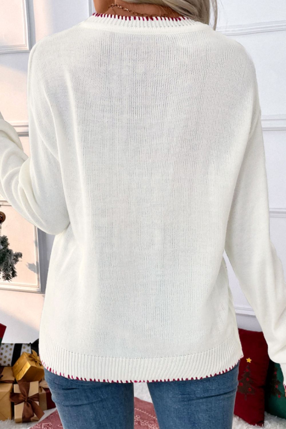 Bow Round Neck Drop Shoulder Sweater-TOPS / DRESSES-[Adult]-[Female]-2022 Online Blue Zone Planet