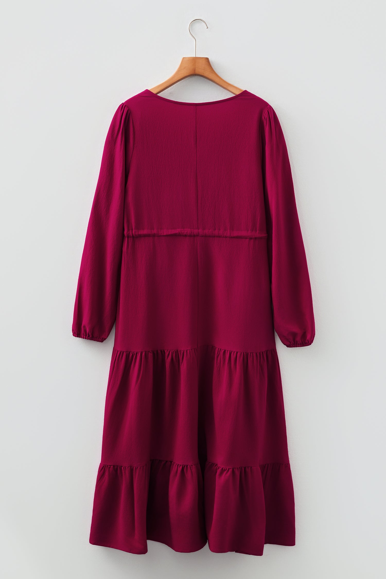 Burgundy Solid Long Sleeve Button V Neck Tiered Maxi Dress-TOPS / DRESSES-[Adult]-[Female]-2022 Online Blue Zone Planet