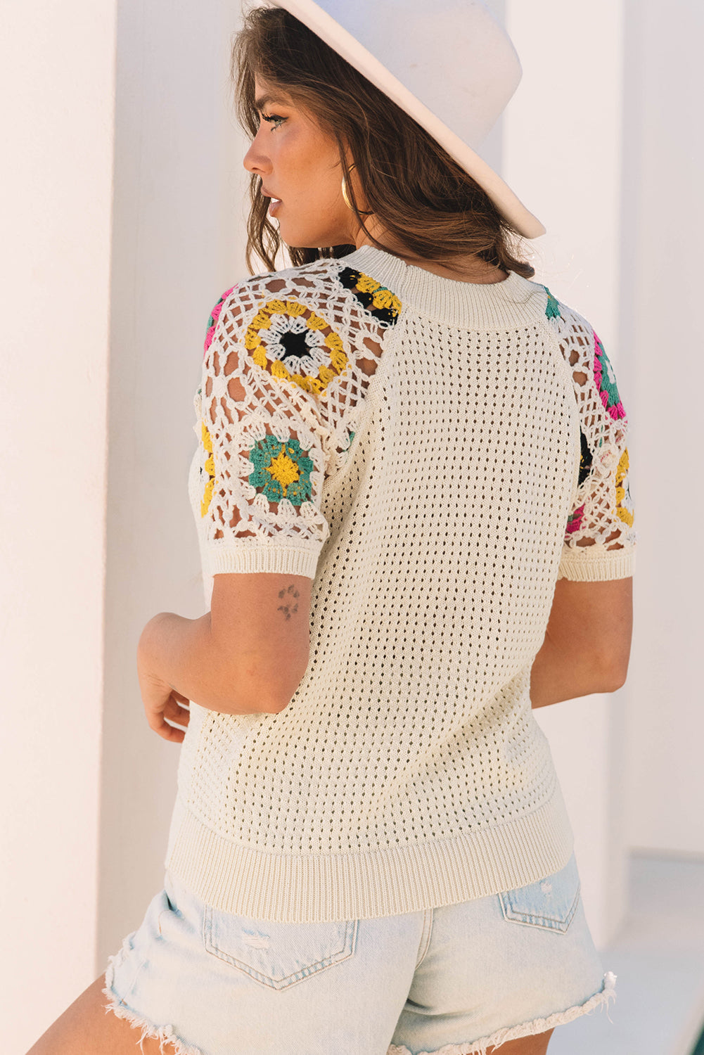 Blue Zone Planet | Apricot Hollow Out Floral Crochet Short Sleeve Crewneck Sweater-Sweaters & Cardigans/Short Sleeve Sweaters-[Adult]-[Female]-2022 Online Blue Zone Planet