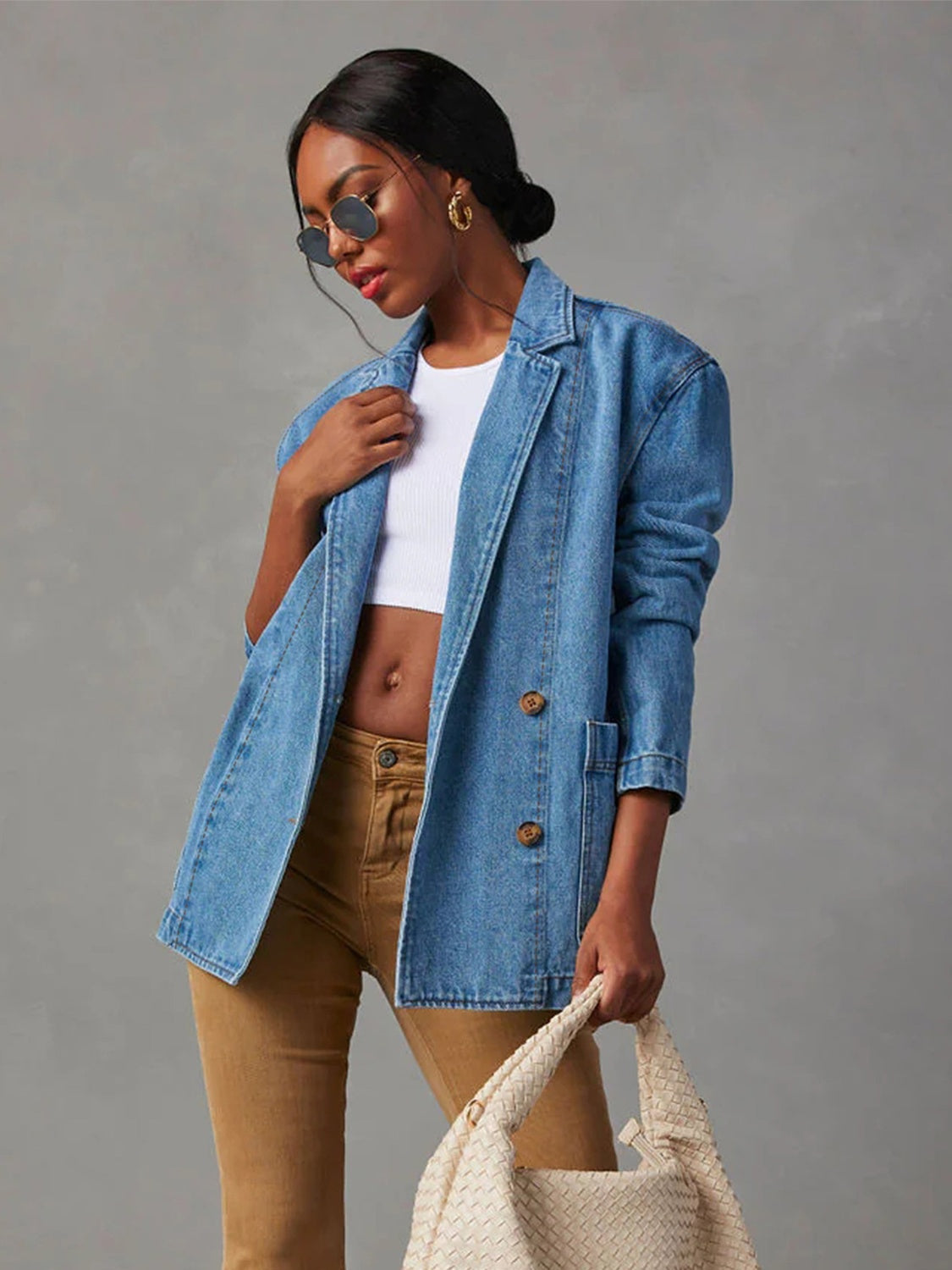 Collared Neck Long Sleeve Denim Jacket-TOPS / DRESSES-[Adult]-[Female]-Dusty Blue-S-2022 Online Blue Zone Planet