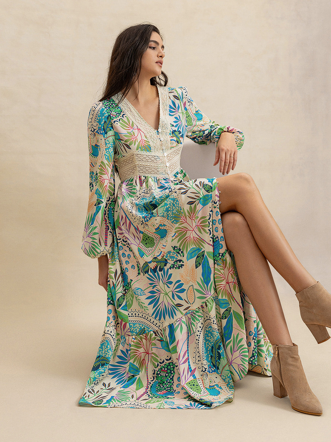 Slit Printed V-Neck Long Sleeve Midi Dress-TOPS / DRESSES-[Adult]-[Female]-2022 Online Blue Zone Planet