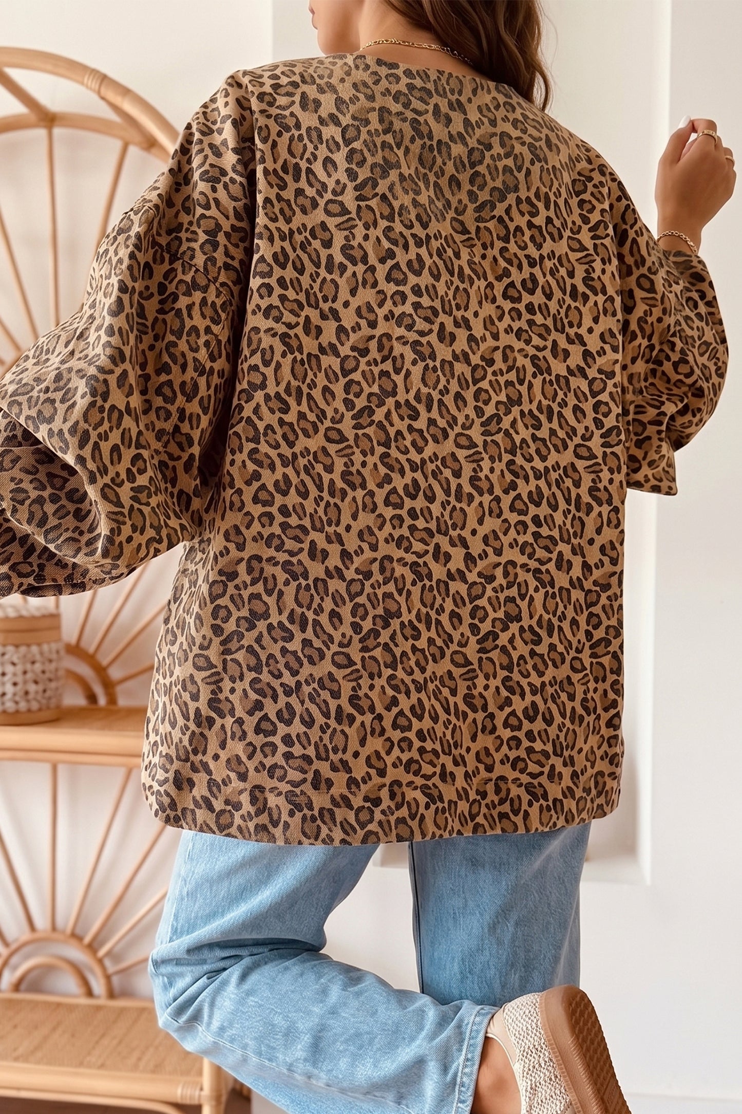 Khaki Leopard Print Collar Long Sleeve Patch Pocket Shift Denim Jacket-Outerwear/Denim jackets-[Adult]-[Female]-2022 Online Blue Zone Planet