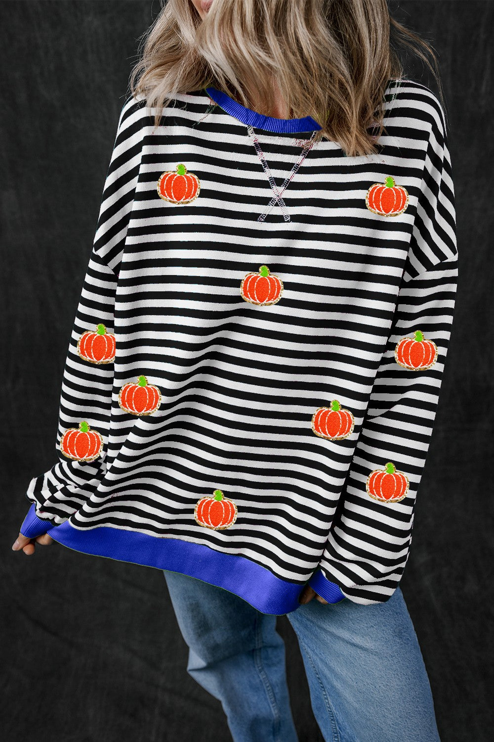 Blue Zone Planet | Pumpkin Striped Long Sleeve Sweatshirt-TOPS / DRESSES-[Adult]-[Female]-Black-S-2022 Online Blue Zone Planet