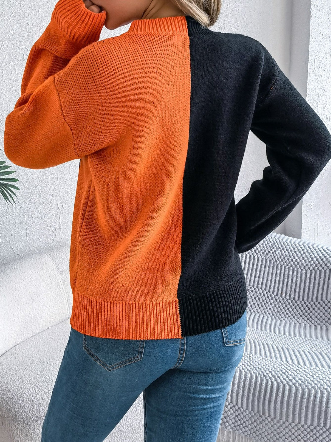 Contrast Round Neck Long Sleeve Sweater-TOPS / DRESSES-[Adult]-[Female]-2022 Online Blue Zone Planet