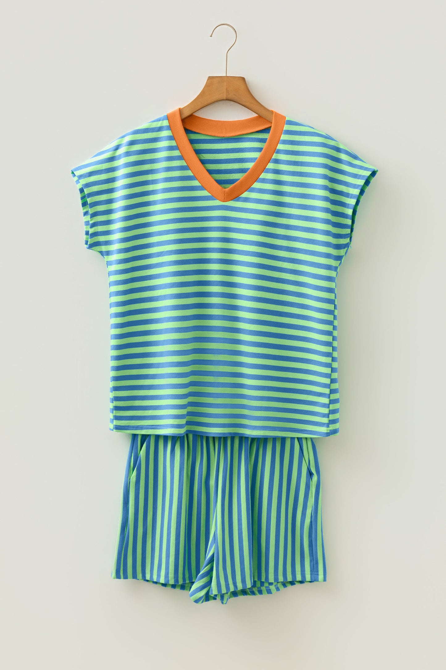 Green Stripe Colorblock Trim V Neck Tee Drawstring Elastic Waist Short Set-Two Piece Sets/Short Sets-[Adult]-[Female]-2022 Online Blue Zone Planet