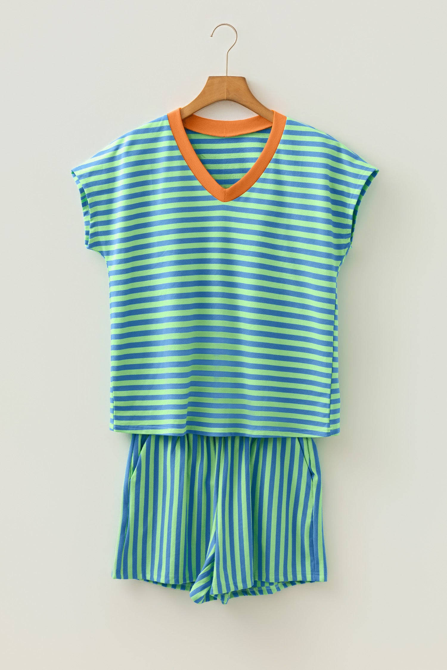 Green Stripe Colorblock Trim V Neck Tee Drawstring Elastic Waist Short Set-Two Piece Sets/Short Sets-[Adult]-[Female]-2022 Online Blue Zone Planet