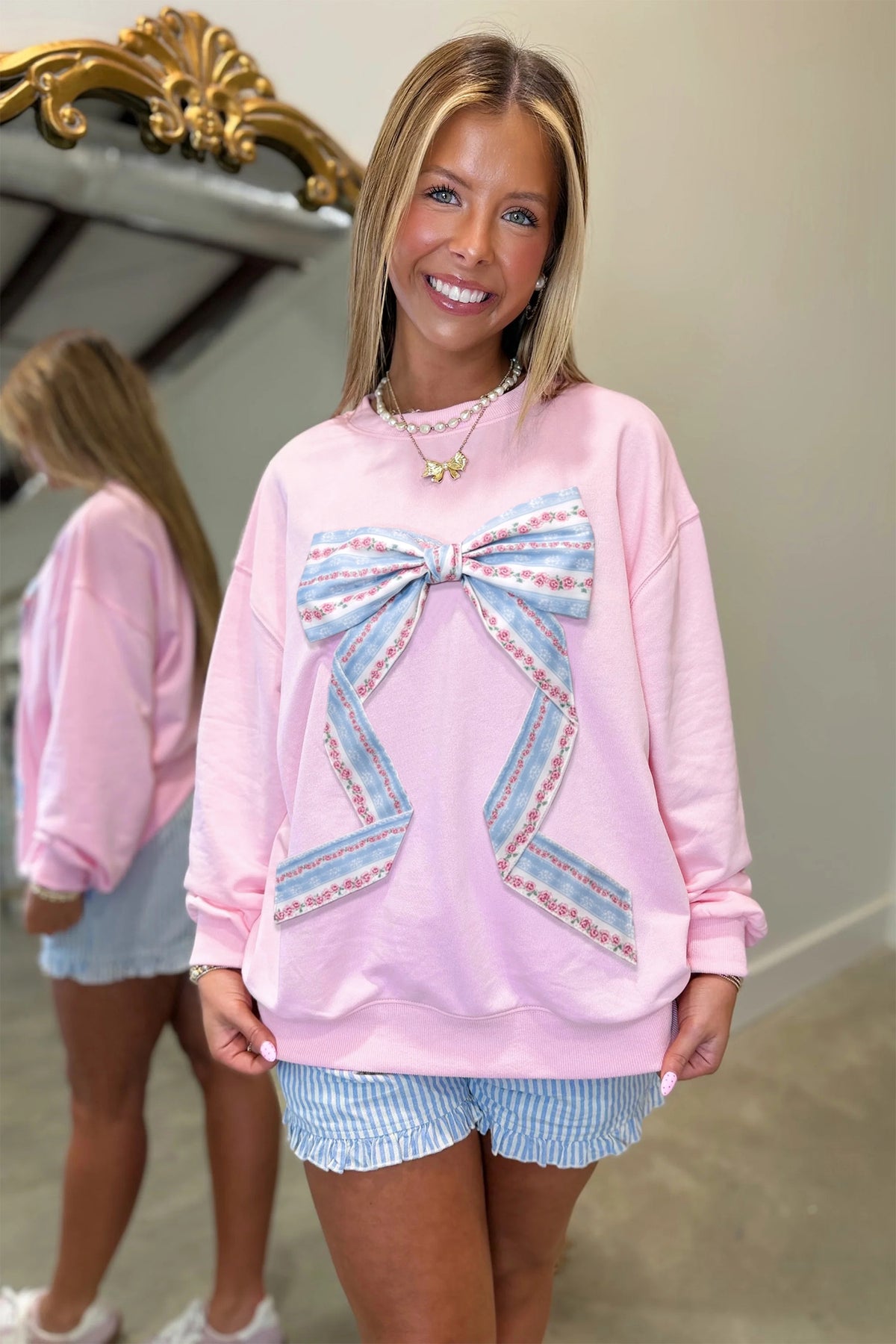 Pink Floral Bow Decoration Drop Shoulder Long Sleeve Top-Tops/Long Sleeve Tops-[Adult]-[Female]-2022 Online Blue Zone Planet
