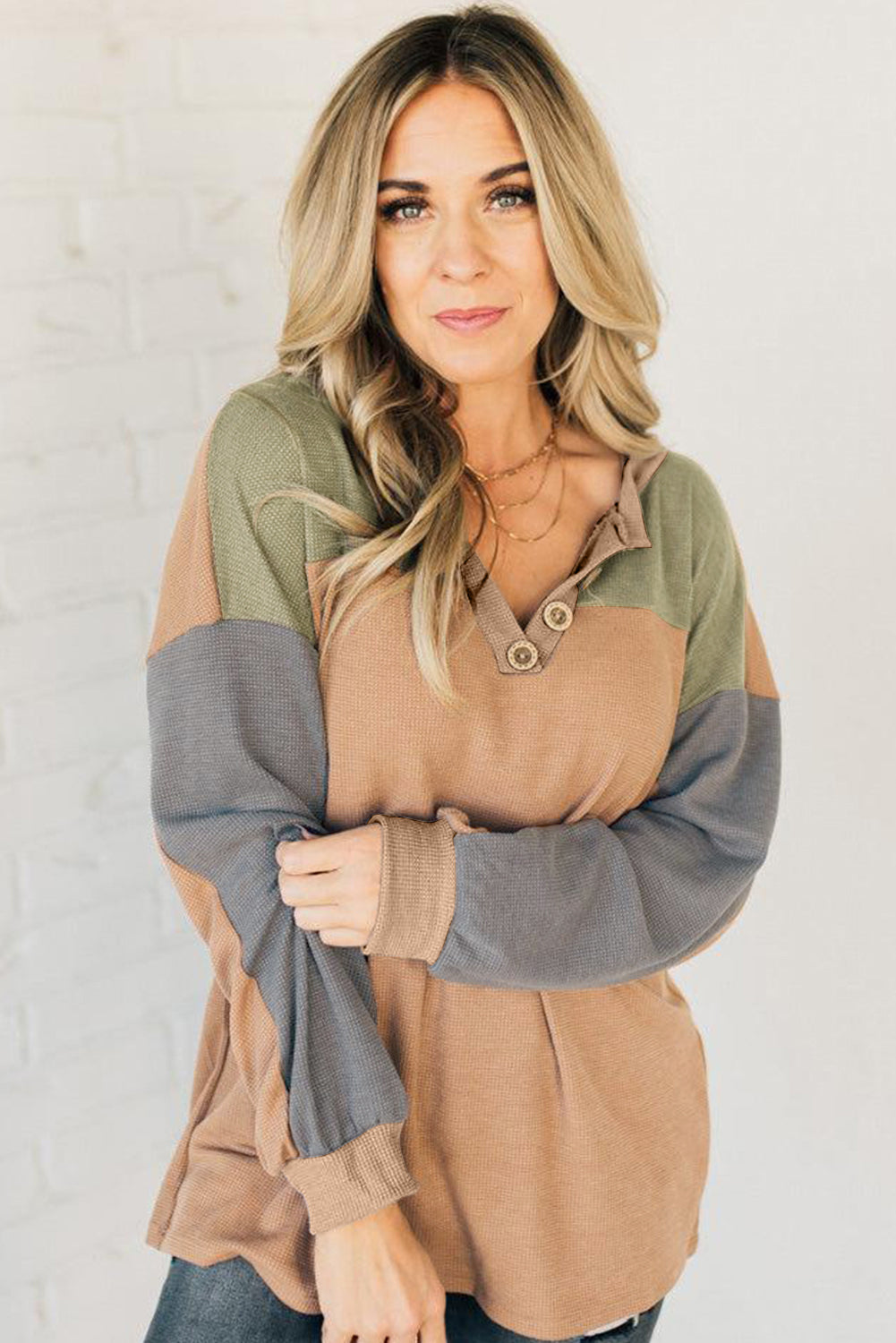 Buckskin Color Block Thermal Textured Knit Drop Shoulder Henley Top-Tops/Long Sleeve Tops-[Adult]-[Female]-2022 Online Blue Zone Planet