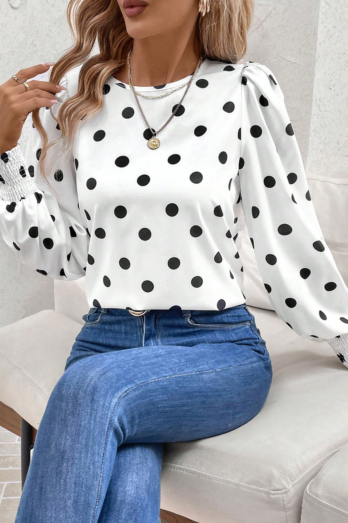 White Polka Dot Print Round Neck Frilled Long Sleeve Blouse-Tops/Blouses & Shirts-[Adult]-[Female]-2022 Online Blue Zone Planet