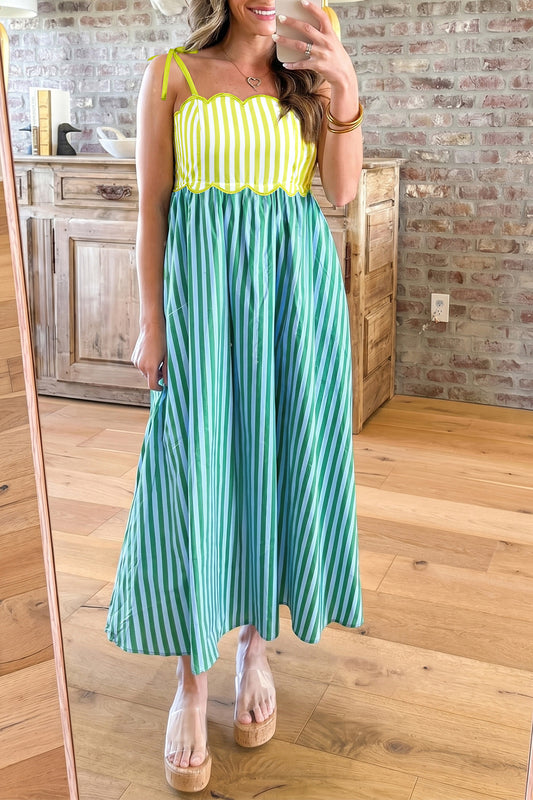 Green Stripe Scalloped Contrast Patchwork Knot Strap Midi Dress-Dresses/Maxi Dresses-[Adult]-[Female]-Green Stripe-S-2022 Online Blue Zone Planet
