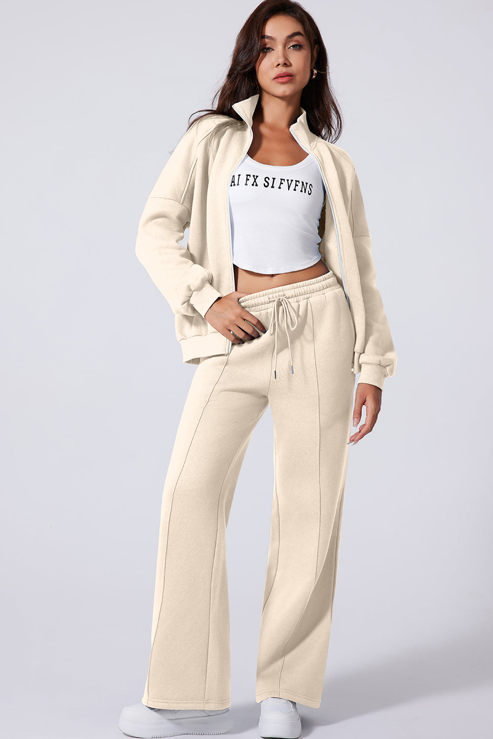 Light Grey Drop Shoulder Zip Up Jacket Drawstring Pants Active 2pcs Set-Activewear/Activewear Sets-[Adult]-[Female]-2022 Online Blue Zone Planet