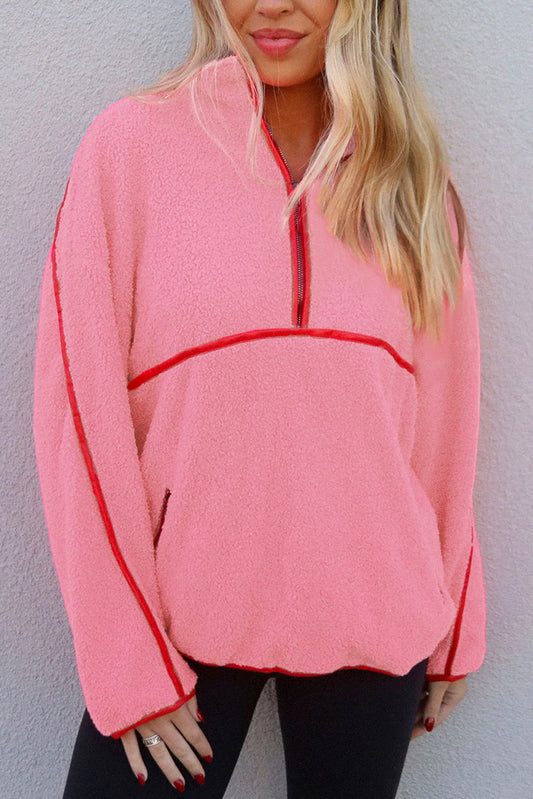 Strawberry Pink Sherpa Contrast Faux Leather Trim Half Zip Pocketed Pullover Sweatshirt-Tops/Sweatshirts & Hoodies-[Adult]-[Female]-Strawberry Pink-S-2022 Online Blue Zone Planet