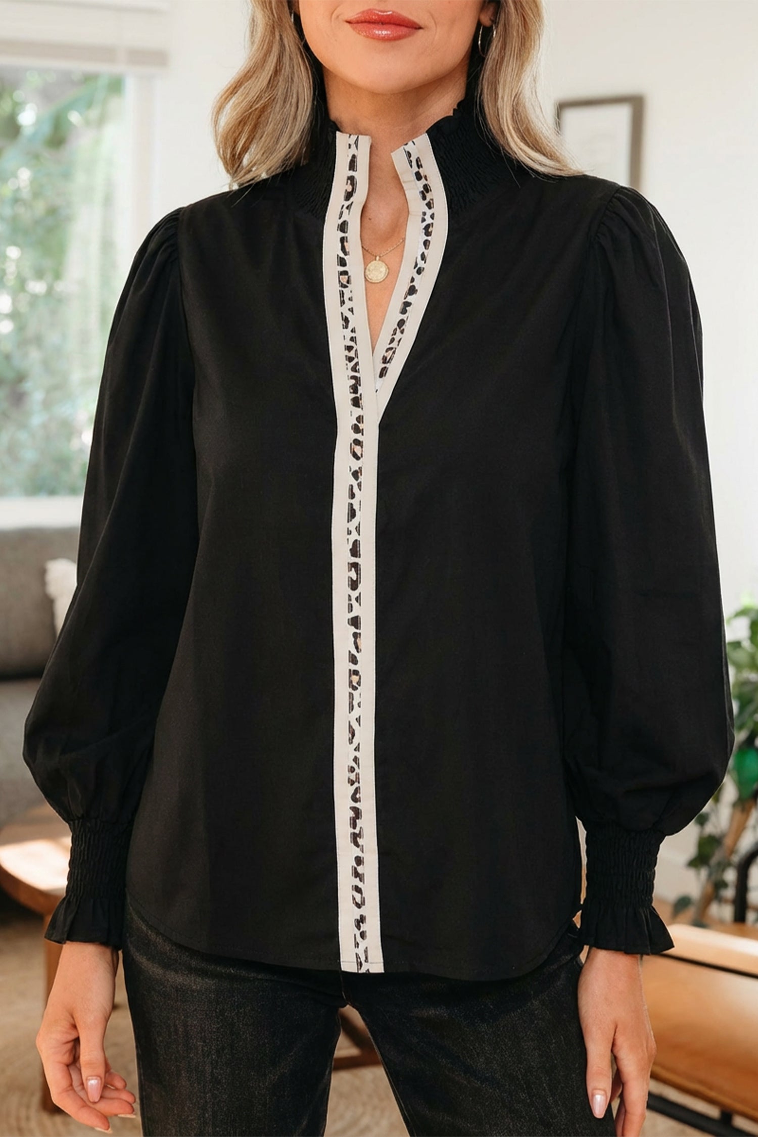 Black Puffy Flounce Sleeve Leopard Trim V Neck Blouse-Tops/Blouses & Shirts-[Adult]-[Female]-2022 Online Blue Zone Planet