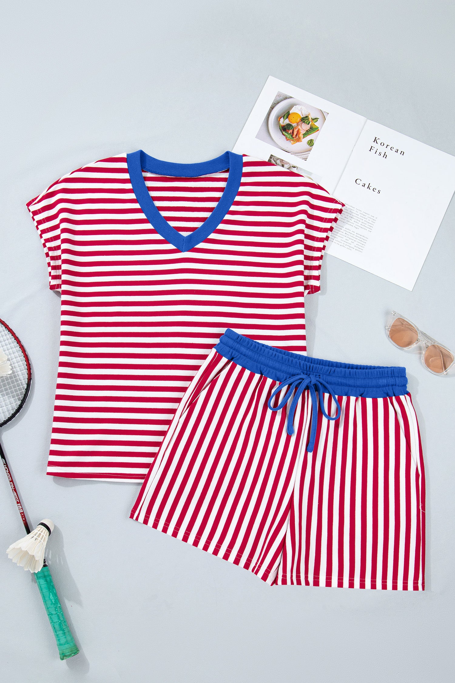 Yellow Stripe Colorblock Trim V Neck Tee Drawstring Elastic Waist Short Set-Two Piece Sets/Short Sets-[Adult]-[Female]-2022 Online Blue Zone Planet