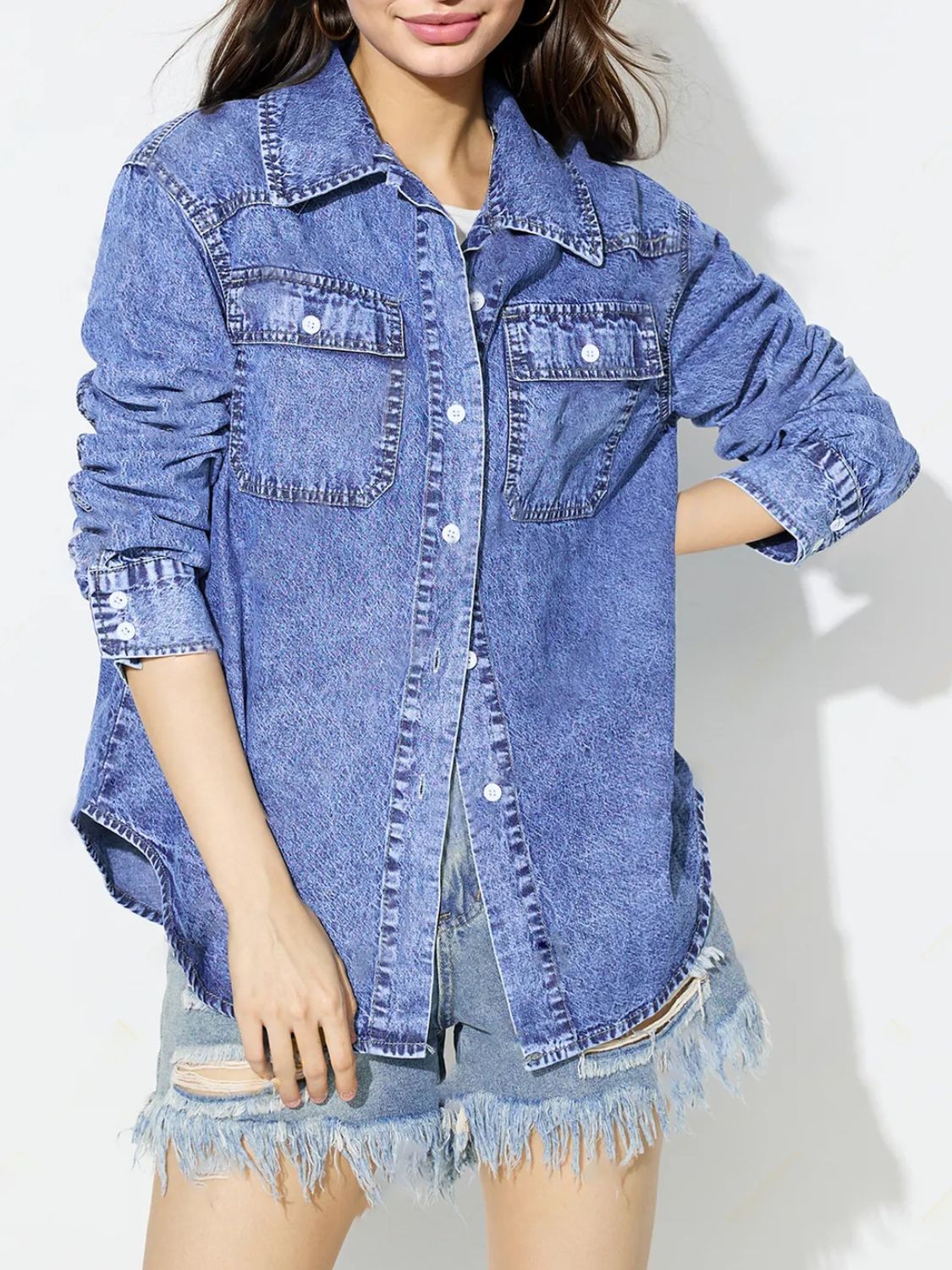 Curved Hem Collared Neck Denim Top-TOPS / DRESSES-[Adult]-[Female]-2022 Online Blue Zone Planet