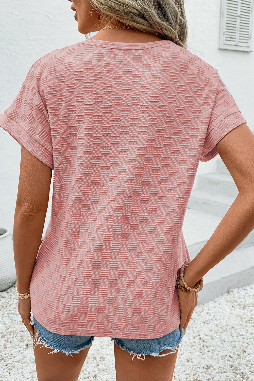 Apricot Pink Checkered Textured Round Neck T-Shirt-Tops/Tops & Tees-[Adult]-[Female]-2022 Online Blue Zone Planet