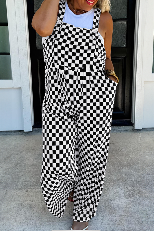 Blue Zone Planet | Black Checkered Print Pocketed Wide Leg Jumpsuit-Bottoms/Jumpsuits & Rompers-[Adult]-[Female]-Black-S-2022 Online Blue Zone Planet