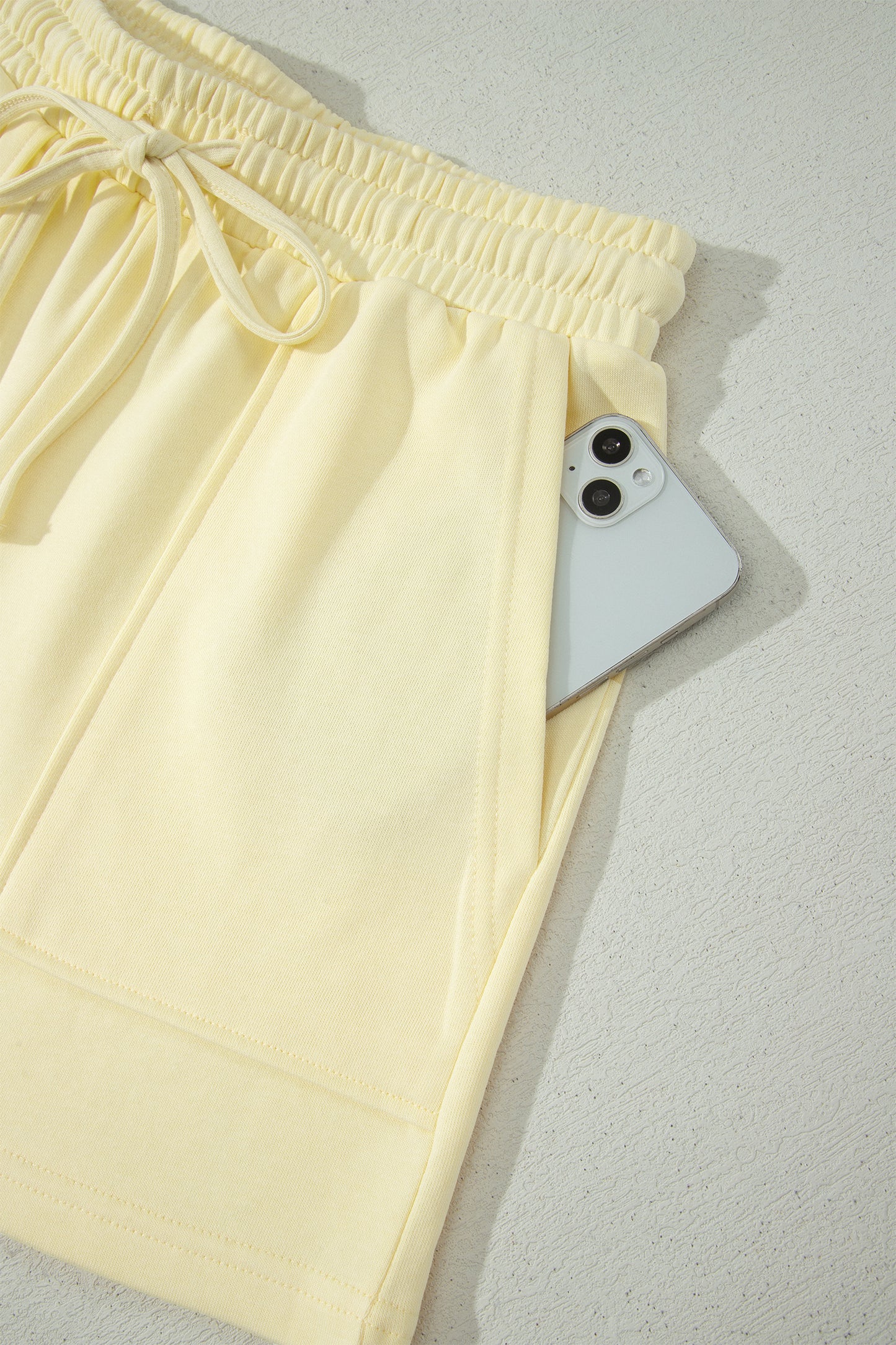 Yellow Cream Solid Color Tee Drawstring Shorts Comfy 2pcs Set-Two Piece Sets/Short Sets-[Adult]-[Female]-2022 Online Blue Zone Planet
