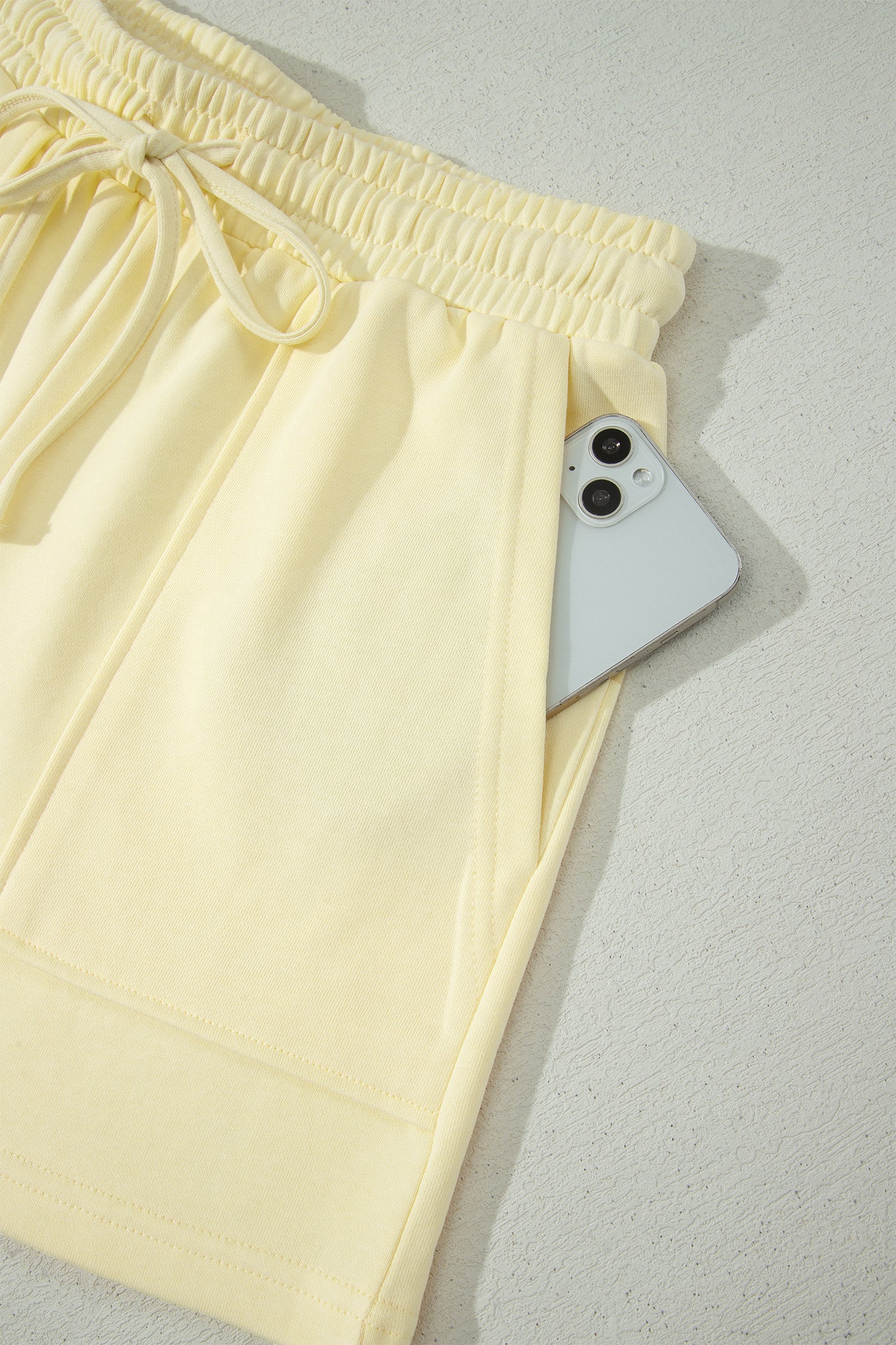 Yellow Cream Solid Color Tee Drawstring Shorts Comfy 2pcs Set-Two Piece Sets/Short Sets-[Adult]-[Female]-2022 Online Blue Zone Planet