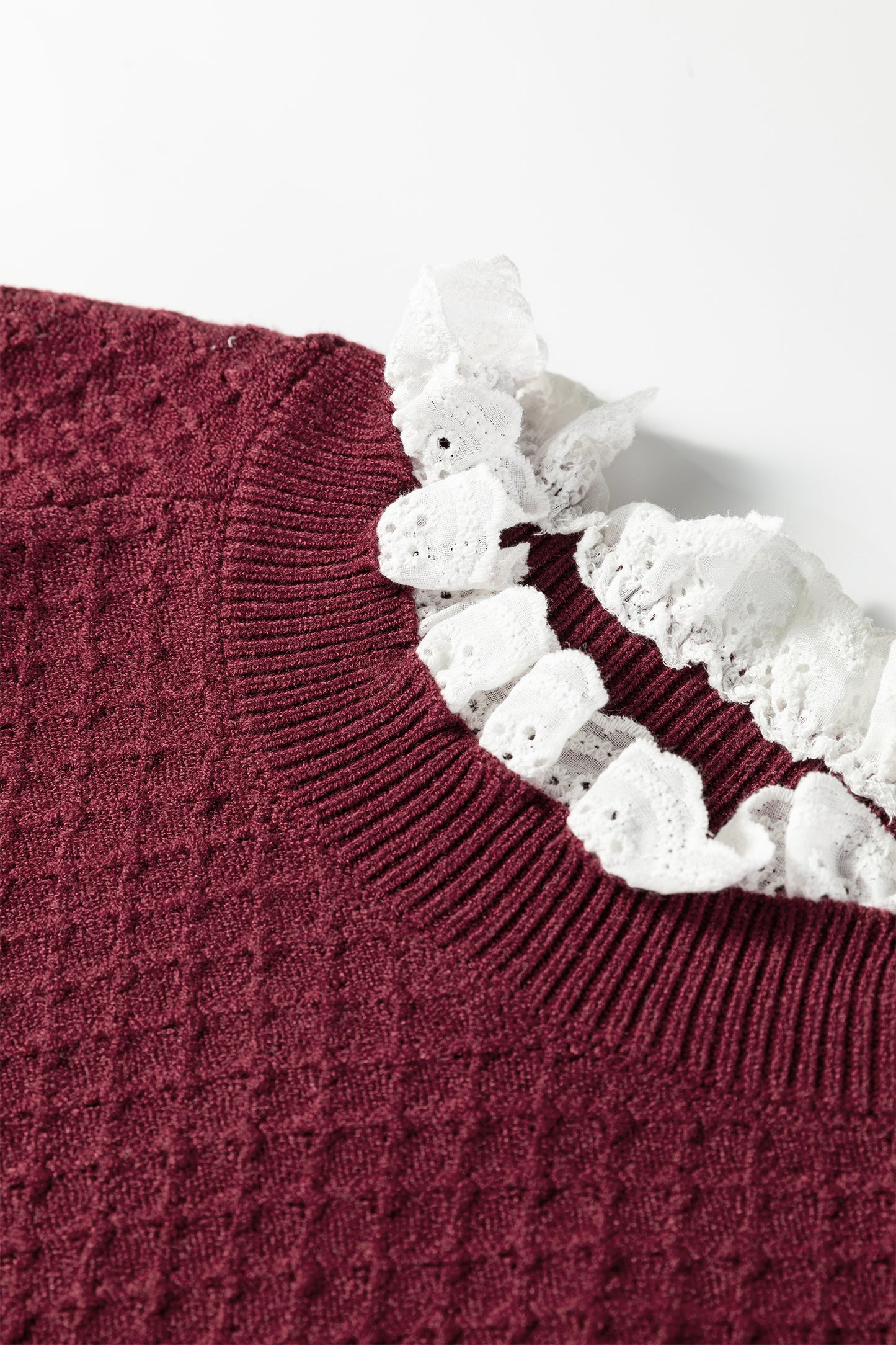 Burgundy Contrast Lace Frilled Trim Raglan Sleeve Sweater-TOPS / DRESSES-[Adult]-[Female]-2022 Online Blue Zone Planet