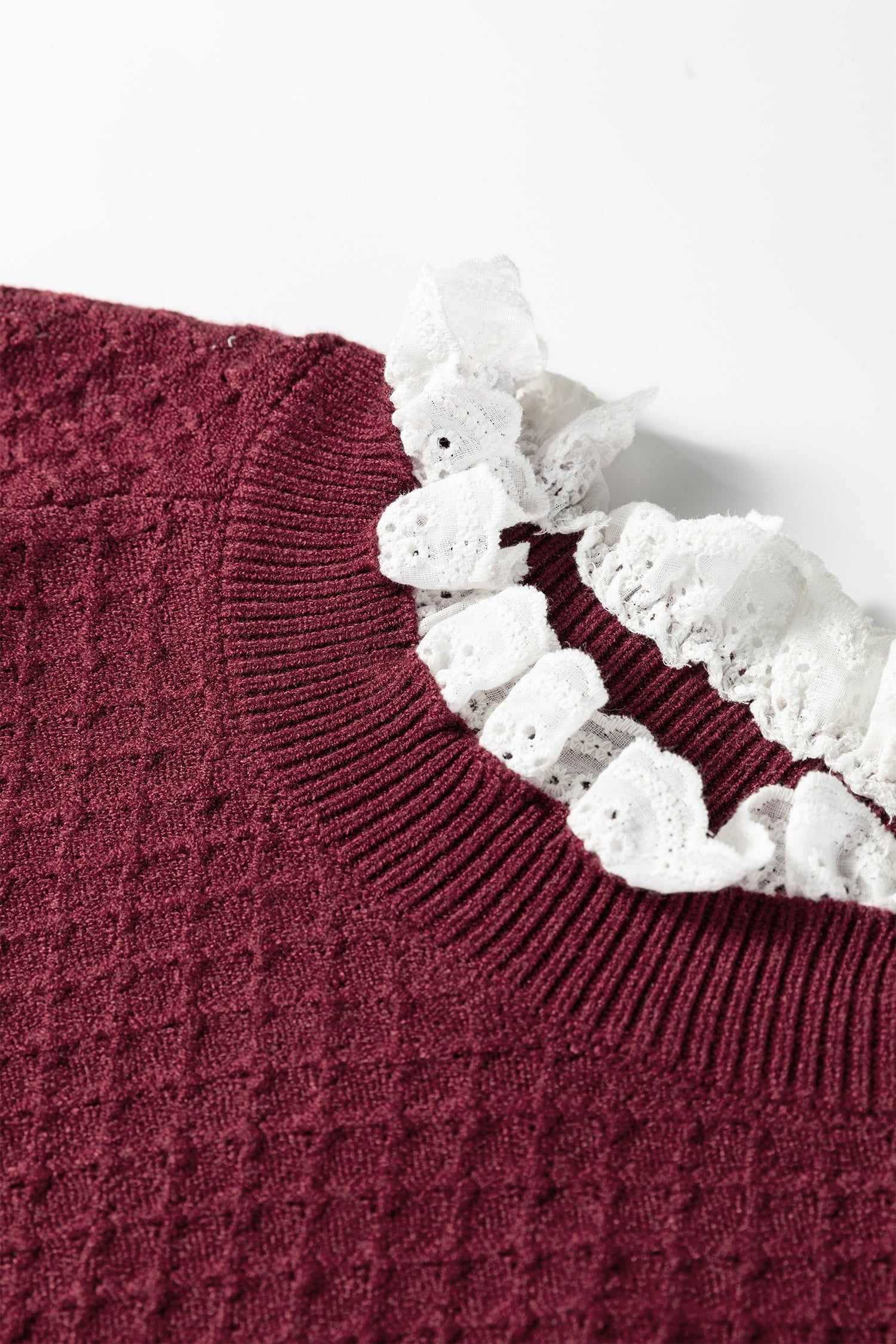 Burgundy Contrast Lace Frilled Trim Raglan Sleeve Sweater-TOPS / DRESSES-[Adult]-[Female]-2022 Online Blue Zone Planet
