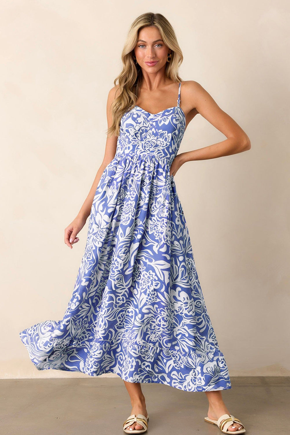Sky Blue Floral Print Spaghetti Strap High Waist Maxi Dress-Dresses/Floral Dresses-[Adult]-[Female]-2022 Online Blue Zone Planet
