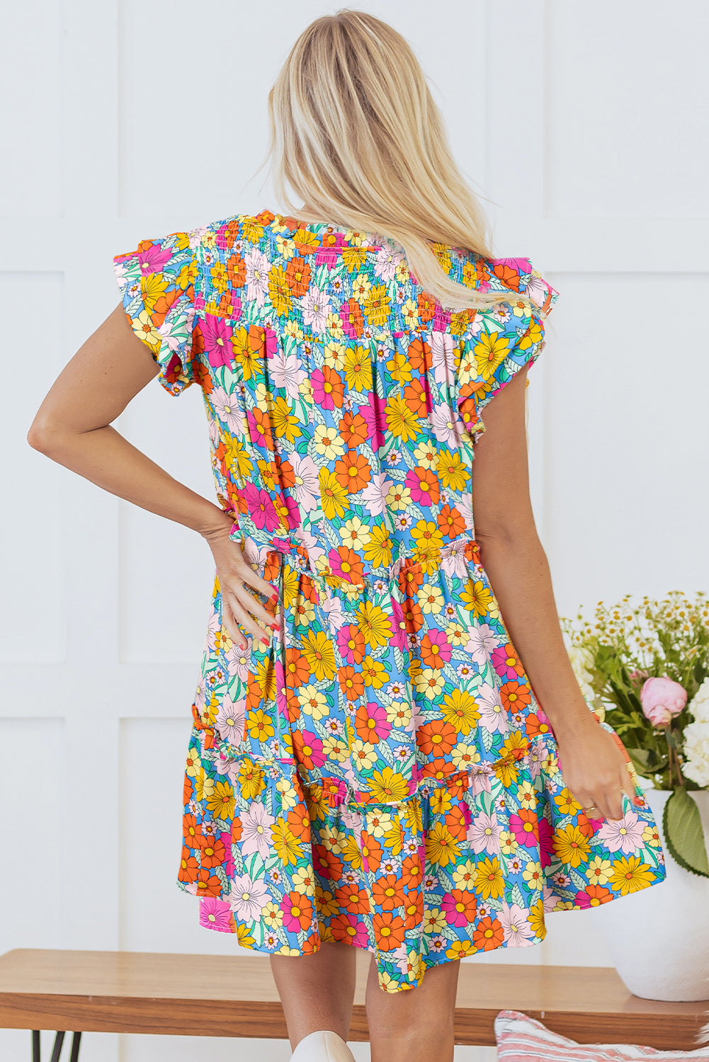 Sky Blue Floral Print Smocked Notch V Neck Flutter Sleeve Mini Dress-Dresses/Floral Dresses-[Adult]-[Female]-2022 Online Blue Zone Planet