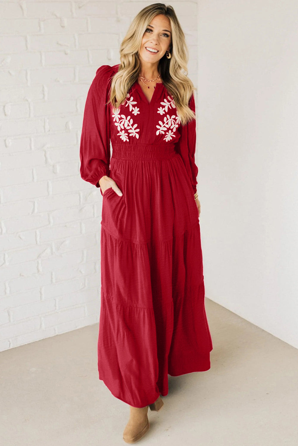 Racing Red Contrast Embroidered Detail Cinched Waist Tiered Long Sleeve Maxi Dress-Dresses/Maxi Dresses-[Adult]-[Female]-2022 Online Blue Zone Planet