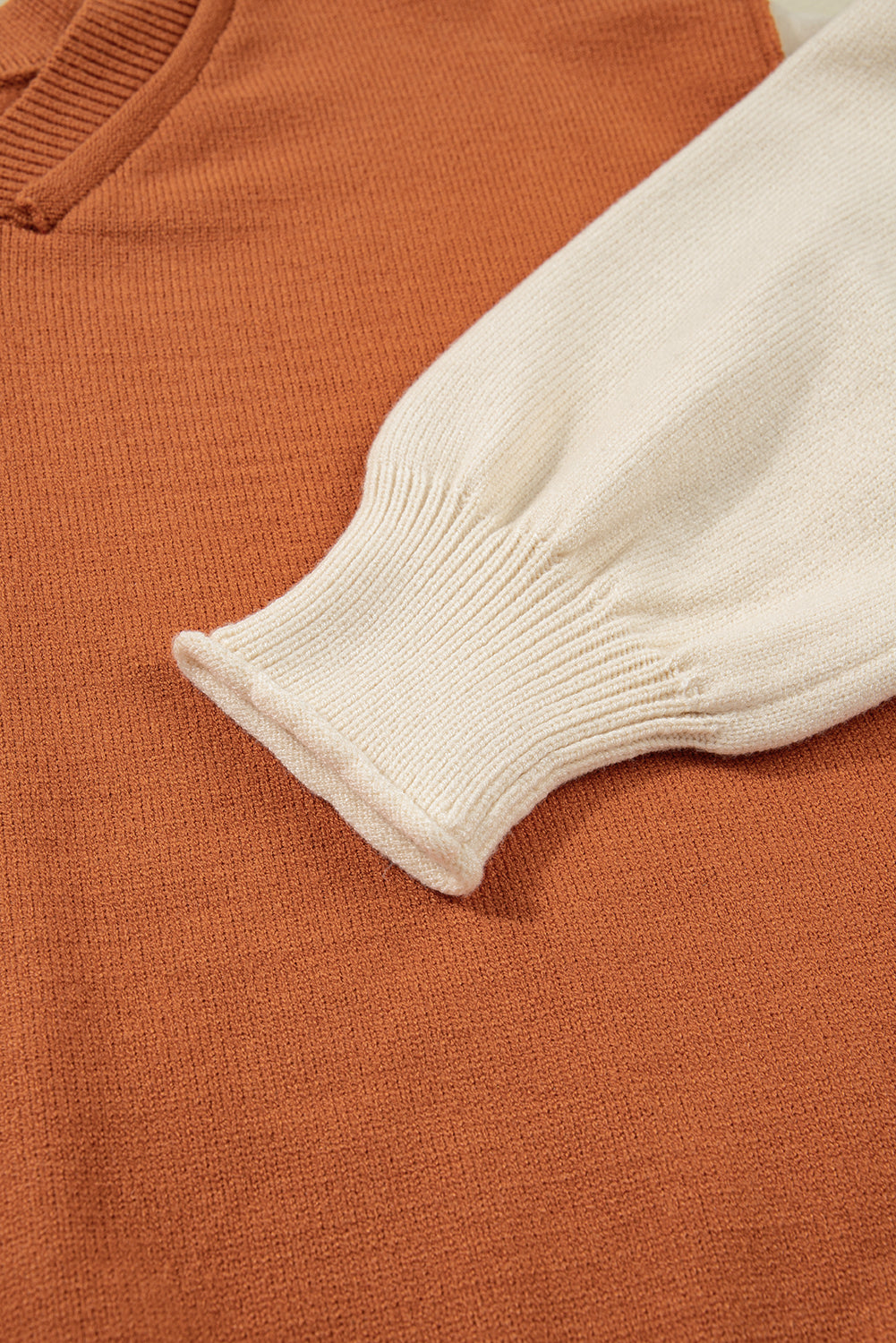 Desert Gold Colorblock Raw Edge Bubble Sleeve V Neck Sweater-Sweaters & Cardigans/Sweaters-[Adult]-[Female]-2022 Online Blue Zone Planet