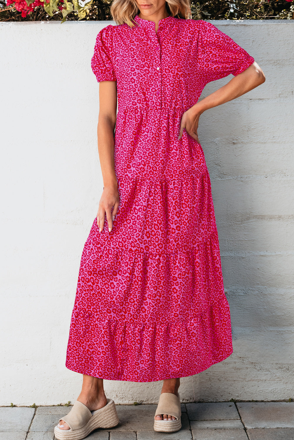 Rose Red Flower Mock Neck Puff Sleeve Tiered Maxi Dress-Dresses/Maxi Dresses-[Adult]-[Female]-2022 Online Blue Zone Planet