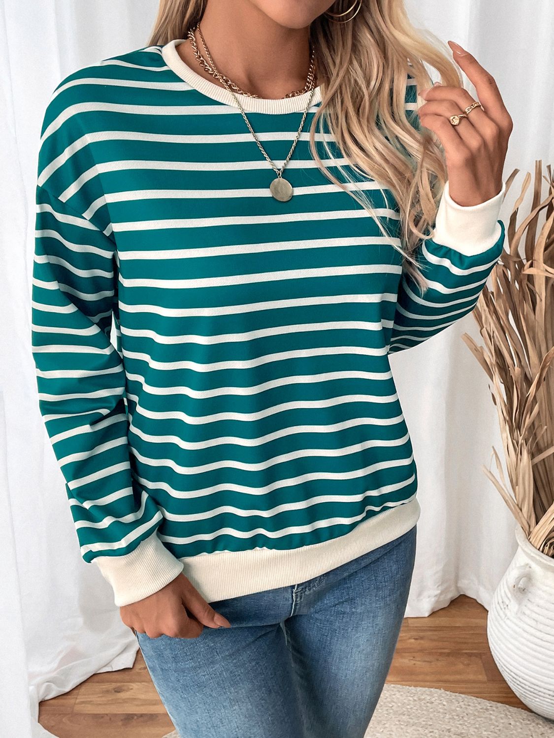 Perfee Striped Contrast Round Neck Long Sleeve Sweatshirt-TOPS / DRESSES-[Adult]-[Female]-2022 Online Blue Zone Planet