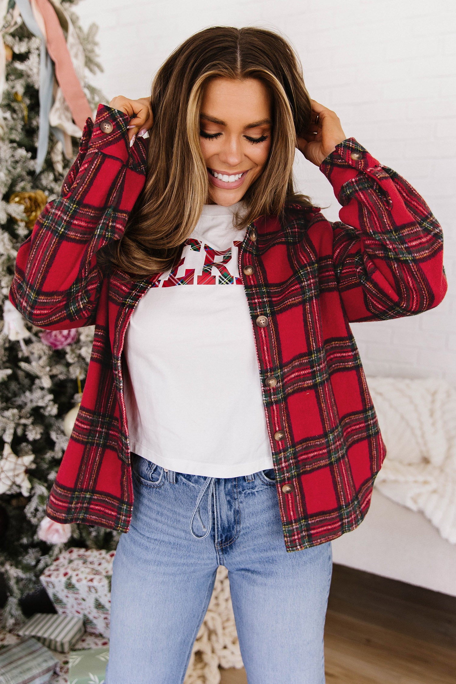Red Plaid Button Front Shacket-Outerwear/Plaid Shackets-[Adult]-[Female]-2022 Online Blue Zone Planet