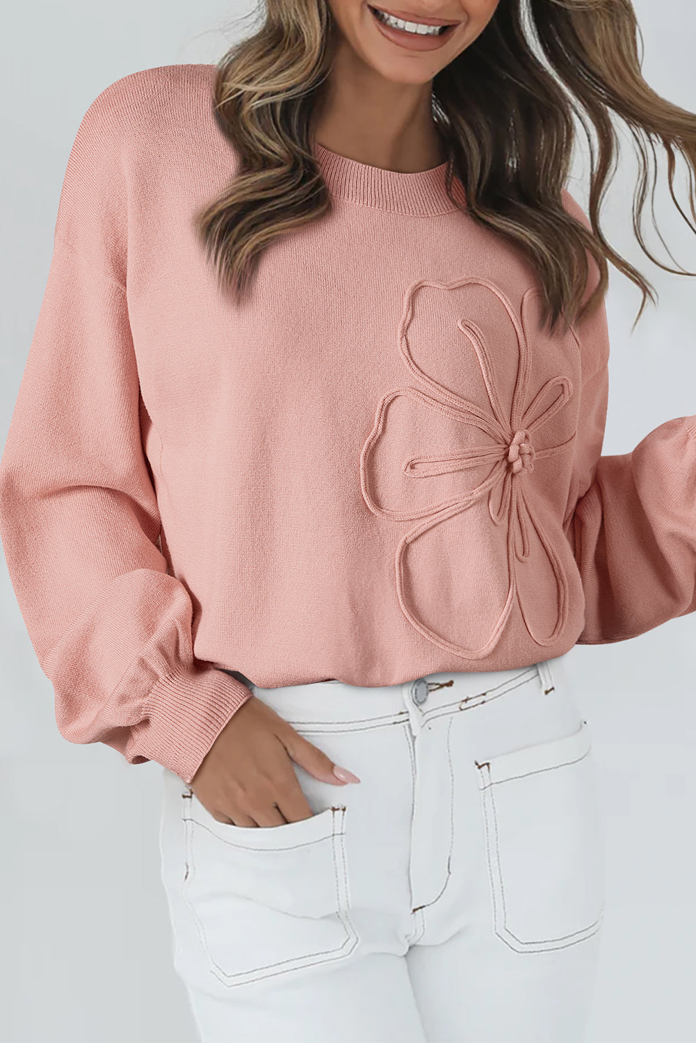 Peach Blossom Big Flower Accent Bubble Sleeve Drop Shoulder Sweater-TOPS / DRESSES-[Adult]-[Female]-2022 Online Blue Zone Planet