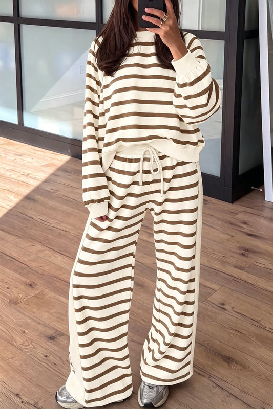 Khaki Stripe Relaxed Long Sleeve Top Color Block Detail Drawstring Pant Set-Two Piece Sets/Pant Sets-[Adult]-[Female]-Khaki Stripe-S-2022 Online Blue Zone Planet