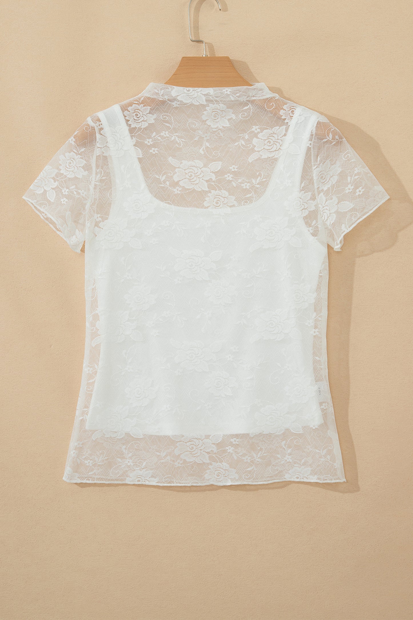 White Sheer Lace Round Neck T Shirt-Tops/Tops & Tees-[Adult]-[Female]-2022 Online Blue Zone Planet