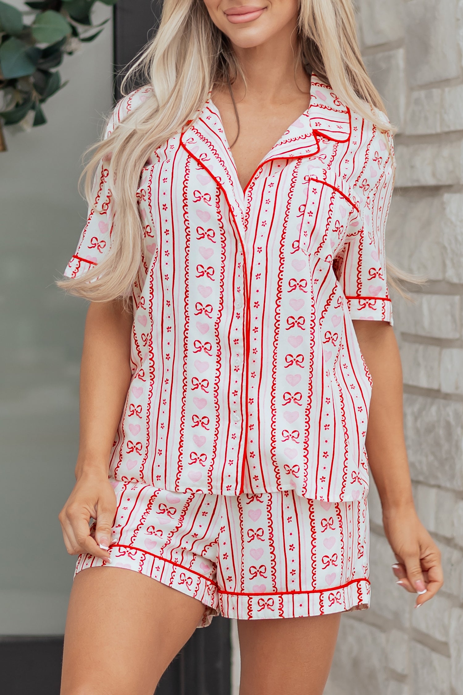 Red Cute Bow Heart Print Ribbon Decor Short 2pcs Pajama Set-Loungewear & Sleepwear/Sleepwear-[Adult]-[Female]-2022 Online Blue Zone Planet